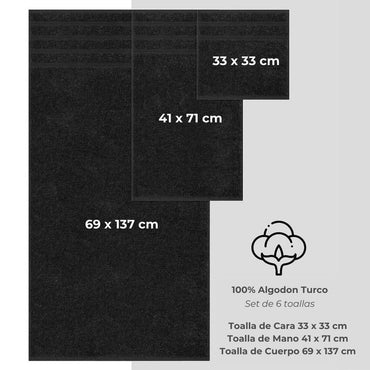 Set 6 Toallas de Baño 100% Algodón Negras