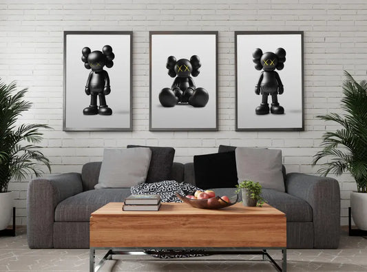 Póster de KAWS, juego de 3, figura de Kaws en blanco, negro y amarillo,